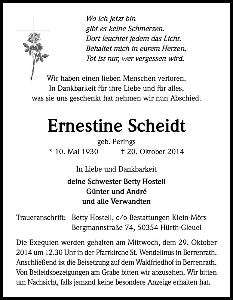  Traueranzeige für Ernestine Scheidt vom 25.10.2014 aus Kölner Stadt-Anzeiger / Kölnische Rundschau / Express