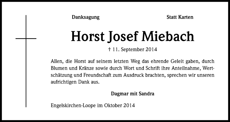 Traueranzeige für Horst Josef Miebach vom 25.10.2014 aus Kölner Stadt-Anzeiger / Kölnische Rundschau / Express