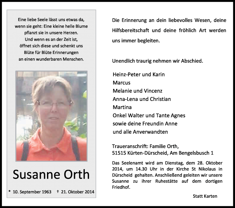  Traueranzeige für Susanne Orth vom 24.10.2014 aus Kölner Stadt-Anzeiger / Kölnische Rundschau / Express