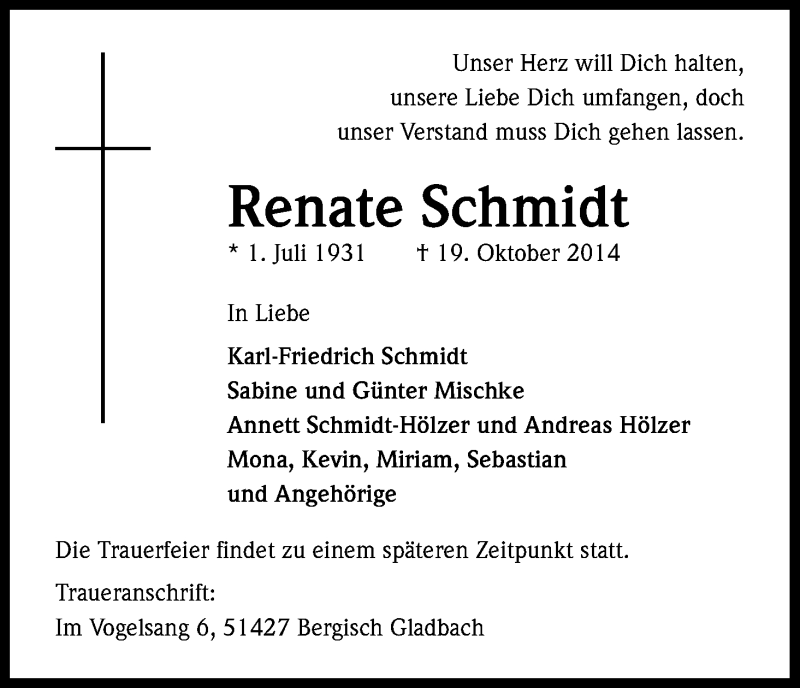  Traueranzeige für Renate Schmidt vom 25.10.2014 aus Kölner Stadt-Anzeiger / Kölnische Rundschau / Express