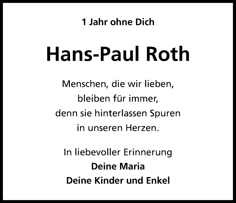  Traueranzeige für Hans-Paul Roth vom 30.10.2014 aus Kölner Stadt-Anzeiger / Kölnische Rundschau / Express