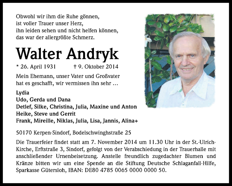  Traueranzeige für Walter Andryk vom 25.10.2014 aus Kölner Stadt-Anzeiger / Kölnische Rundschau / Express
