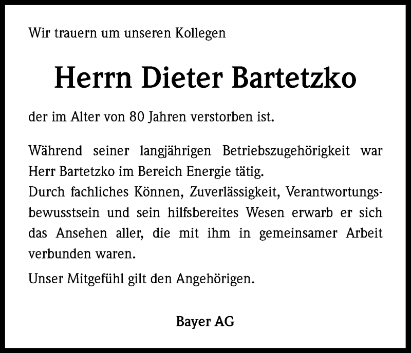  Traueranzeige für Dieter Bartetzko vom 27.10.2014 aus Kölner Stadt-Anzeiger / Kölnische Rundschau / Express