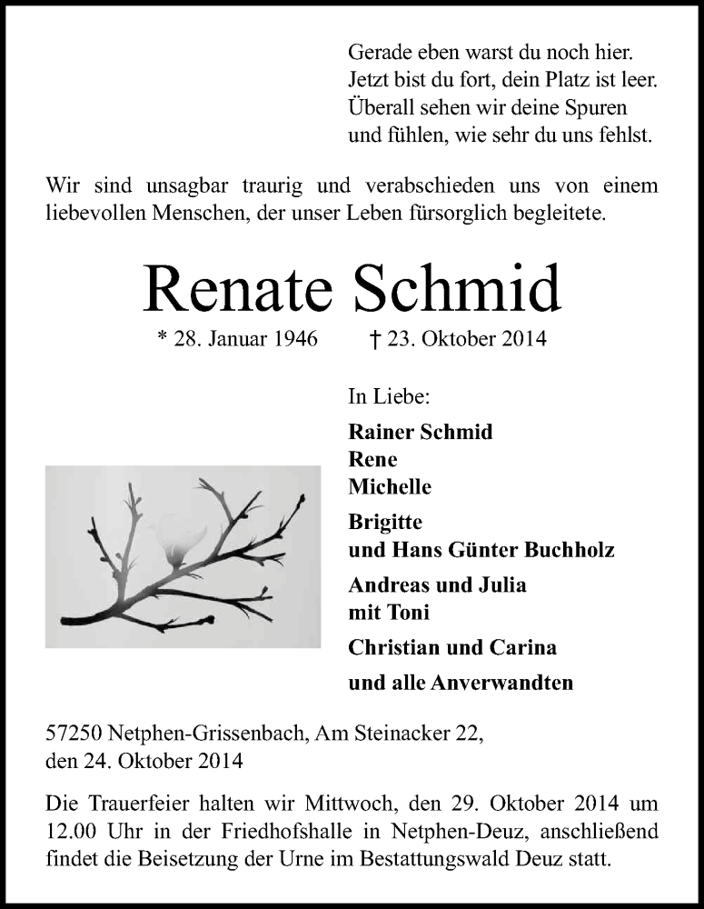  Traueranzeige für Renate Schmid vom 25.10.2014 aus Kölner Stadt-Anzeiger / Kölnische Rundschau / Express