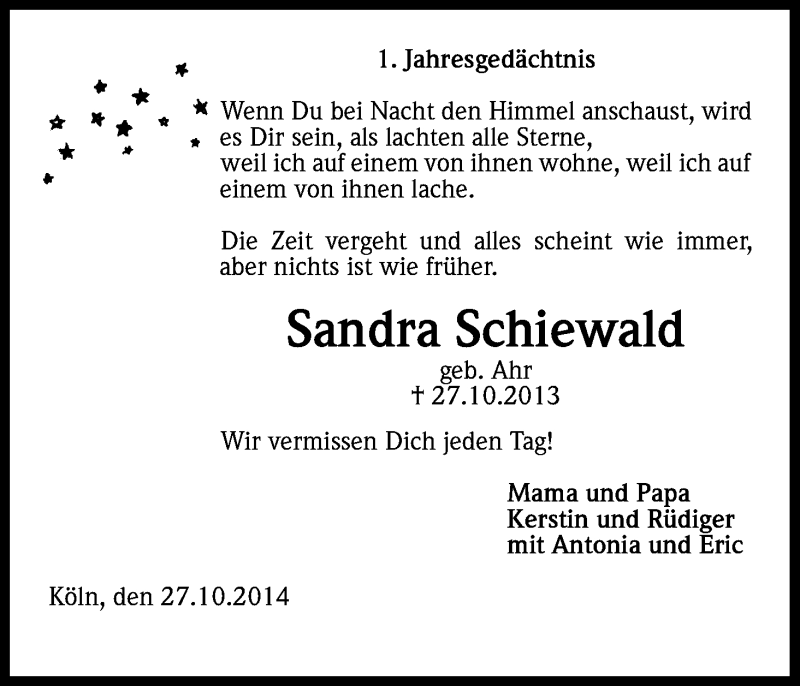  Traueranzeige für Sandra Schiewald vom 27.10.2014 aus Kölner Stadt-Anzeiger / Kölnische Rundschau / Express