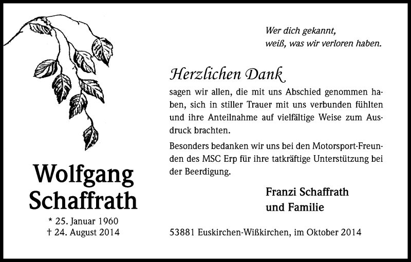  Traueranzeige für Wolfgang Schaffrath vom 25.10.2014 aus Kölner Stadt-Anzeiger / Kölnische Rundschau / Express