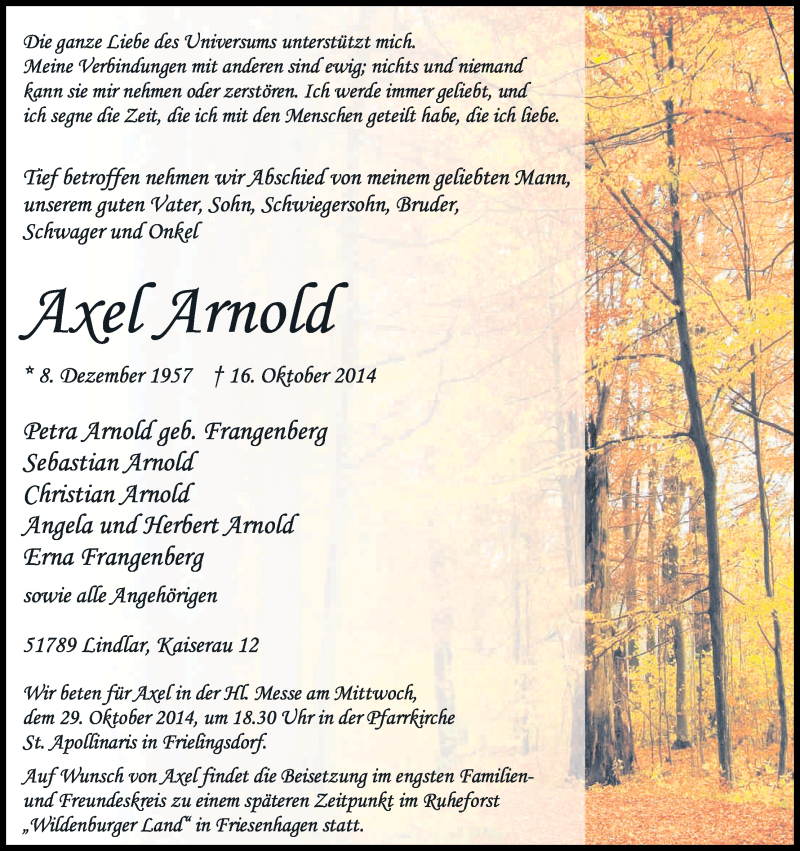  Traueranzeige für Axel Arnold vom 25.10.2014 aus Kölner Stadt-Anzeiger / Kölnische Rundschau / Express