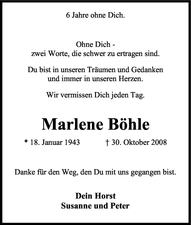  Traueranzeige für Marlene Böhle vom 30.10.2014 aus Kölner Stadt-Anzeiger / Kölnische Rundschau / Express