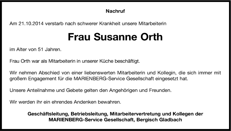  Traueranzeige für Susanne Orth vom 27.10.2014 aus Kölner Stadt-Anzeiger / Kölnische Rundschau / Express