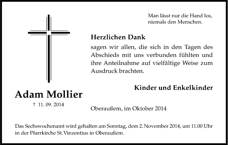  Traueranzeige für Adam Mollier vom 29.10.2014 aus Kölner Stadt-Anzeiger / Kölnische Rundschau / Express