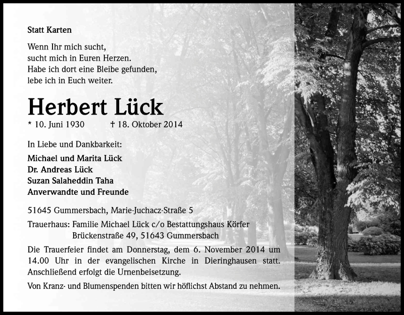  Traueranzeige für Herbert Lück vom 30.10.2014 aus Kölner Stadt-Anzeiger / Kölnische Rundschau / Express