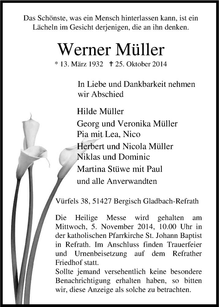  Traueranzeige für Werner Müller vom 29.10.2014 aus Kölner Stadt-Anzeiger / Kölnische Rundschau / Express