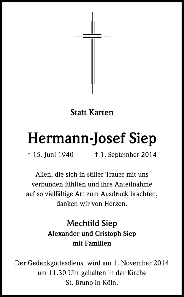  Traueranzeige für Hermann-Josef Siep vom 30.10.2014 aus Kölner Stadt-Anzeiger / Kölnische Rundschau / Express