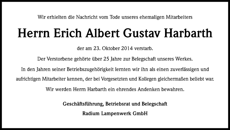  Traueranzeige für Erich Albert Gustav Harbarth vom 30.10.2014 aus Kölner Stadt-Anzeiger / Kölnische Rundschau / Express