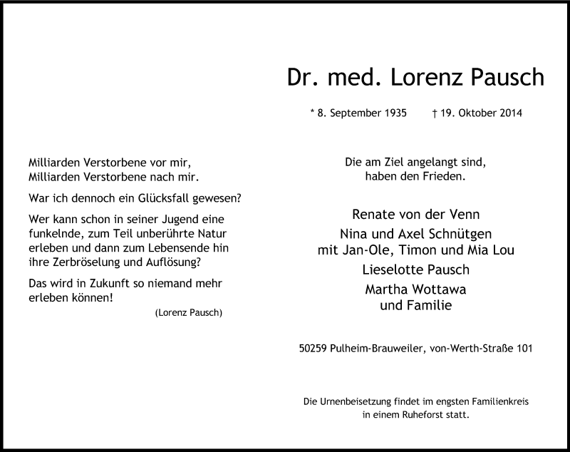  Traueranzeige für Lorenz Pausch vom 01.11.2014 aus Kölner Stadt-Anzeiger / Kölnische Rundschau / Express