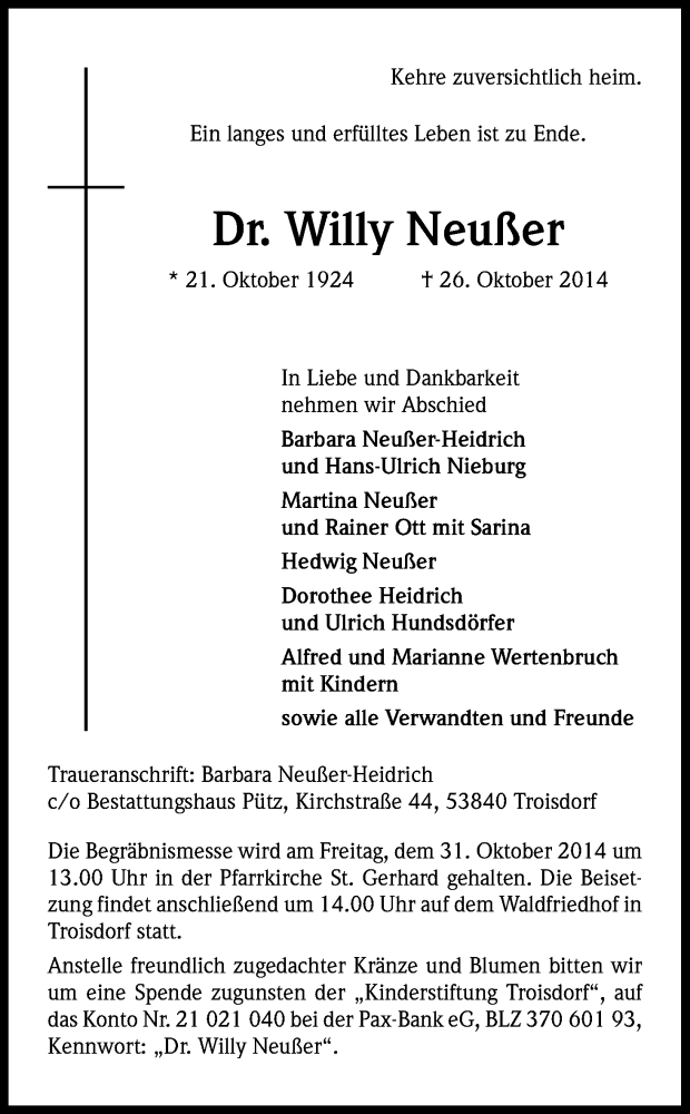  Traueranzeige für Willy Neußer vom 28.10.2014 aus Kölner Stadt-Anzeiger / Kölnische Rundschau / Express