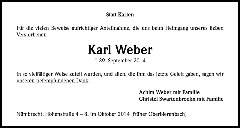  Traueranzeige für Karl Weber vom 30.10.2014 aus Kölner Stadt-Anzeiger / Kölnische Rundschau / Express