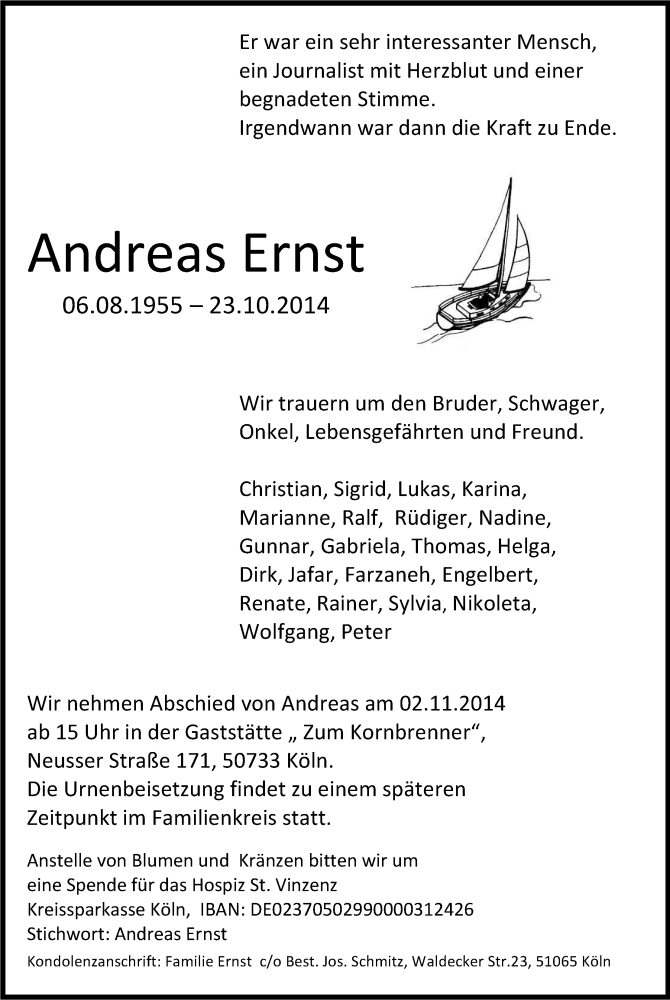  Traueranzeige für Andreas Ernst vom 29.10.2014 aus Kölner Stadt-Anzeiger / Kölnische Rundschau / Express