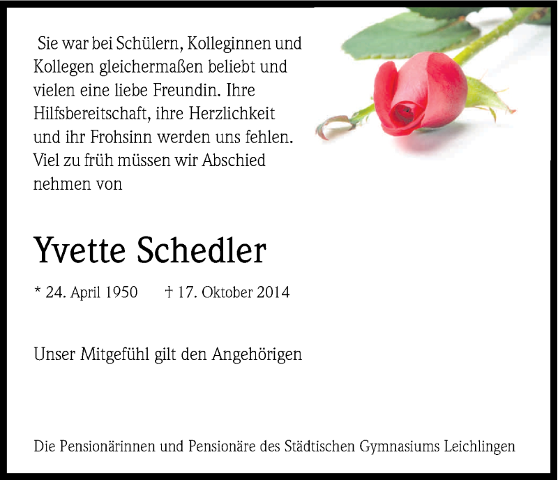  Traueranzeige für Yvette Schedler vom 30.10.2014 aus Kölner Stadt-Anzeiger / Kölnische Rundschau / Express