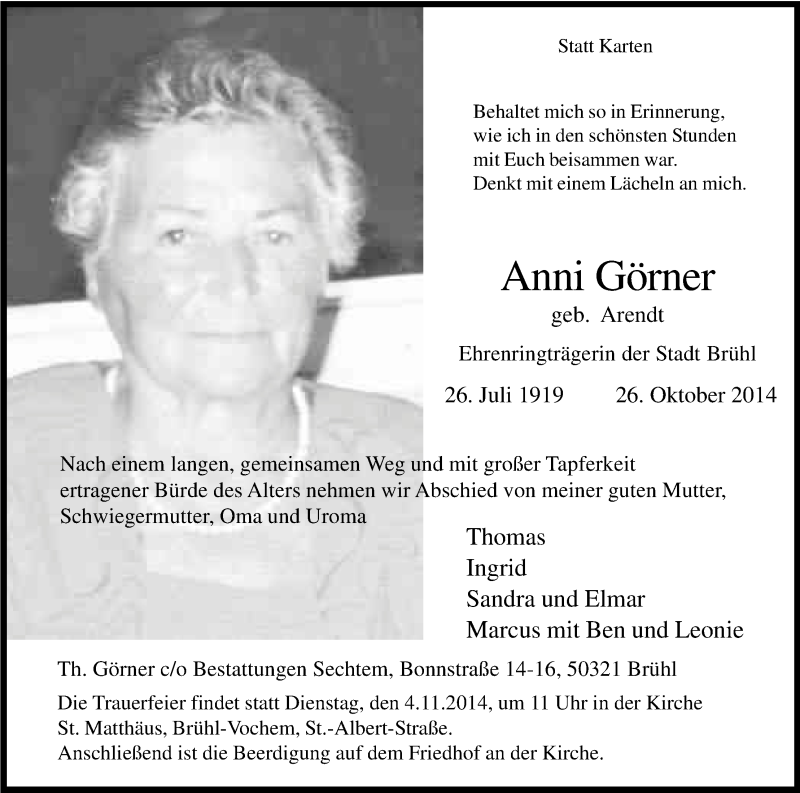  Traueranzeige für Anni Görner vom 29.10.2014 aus Kölner Stadt-Anzeiger / Kölnische Rundschau / Express