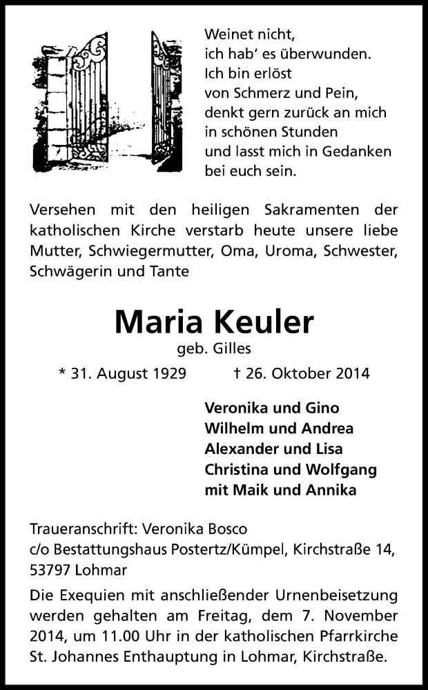  Traueranzeige für Maria Keuler vom 01.11.2014 aus Kölner Stadt-Anzeiger / Kölnische Rundschau / Express