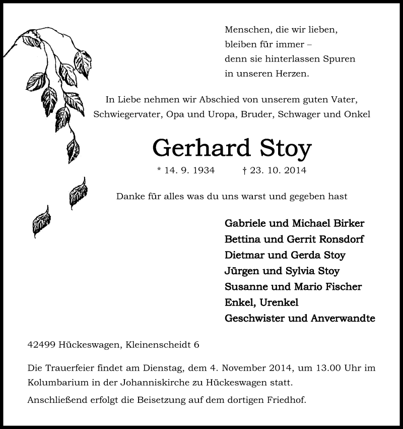  Traueranzeige für Gerhard Stoy vom 30.10.2014 aus Kölner Stadt-Anzeiger / Kölnische Rundschau / Express