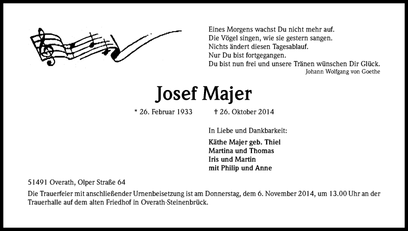  Traueranzeige für Josef Maier vom 30.10.2014 aus Kölner Stadt-Anzeiger / Kölnische Rundschau / Express