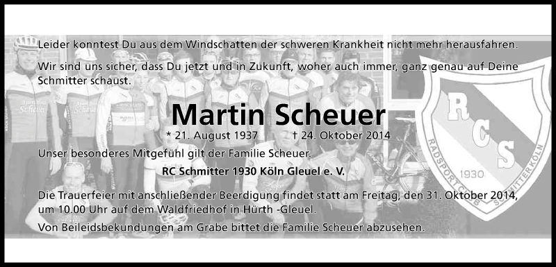  Traueranzeige für Martin Scheuer vom 29.10.2014 aus Kölner Stadt-Anzeiger / Kölnische Rundschau / Express
