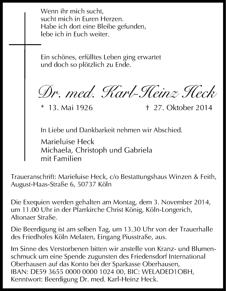  Traueranzeige für Karl-Heinz Heck vom 01.11.2014 aus Kölner Stadt-Anzeiger / Kölnische Rundschau / Express