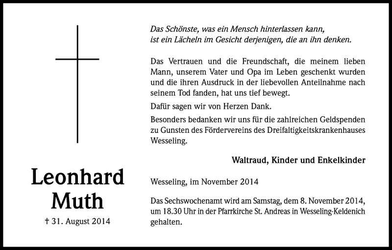  Traueranzeige für Leonhard Muth vom 01.11.2014 aus Kölner Stadt-Anzeiger / Kölnische Rundschau / Express