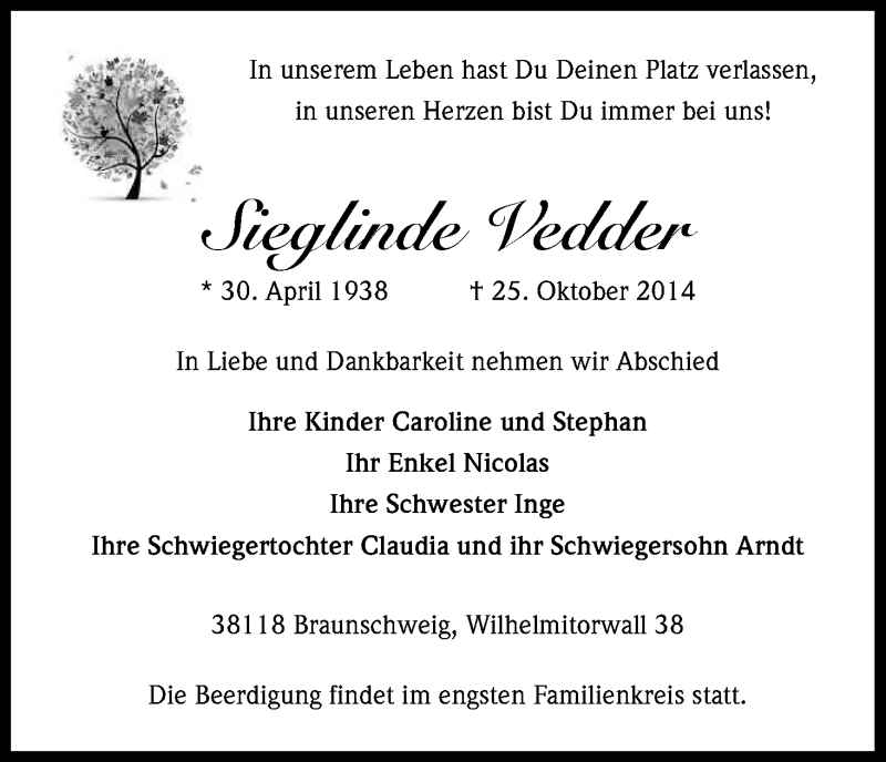  Traueranzeige für Sieglinde Vedder vom 01.11.2014 aus Kölner Stadt-Anzeiger / Kölnische Rundschau / Express