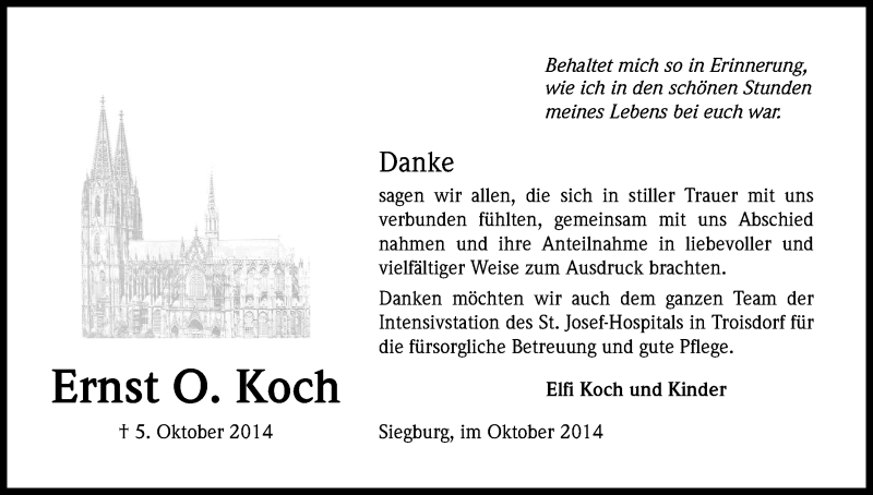  Traueranzeige für Ernst Koch vom 30.10.2014 aus Kölner Stadt-Anzeiger / Kölnische Rundschau / Express