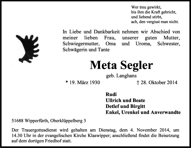  Traueranzeige für Meta Segler vom 30.10.2014 aus Kölner Stadt-Anzeiger / Kölnische Rundschau / Express