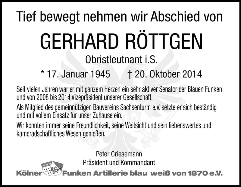  Traueranzeige für Gerhard Röttgen vom 30.10.2014 aus Kölner Stadt-Anzeiger / Kölnische Rundschau / Express