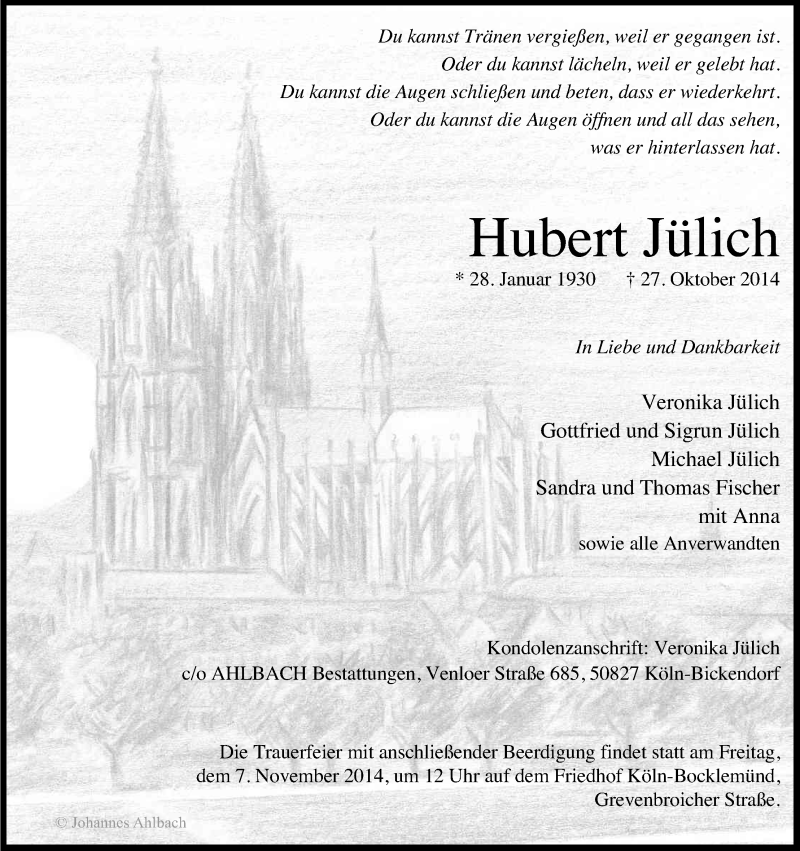  Traueranzeige für Hubert Jülich vom 01.11.2014 aus Kölner Stadt-Anzeiger / Kölnische Rundschau / Express