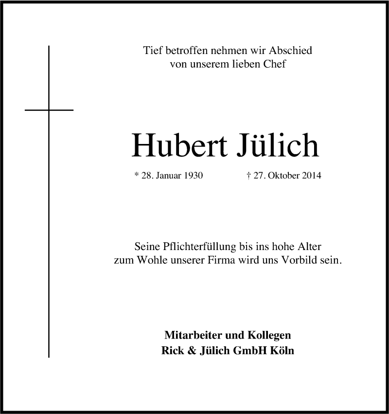  Traueranzeige für Hubert Jülich vom 01.11.2014 aus Kölner Stadt-Anzeiger / Kölnische Rundschau / Express