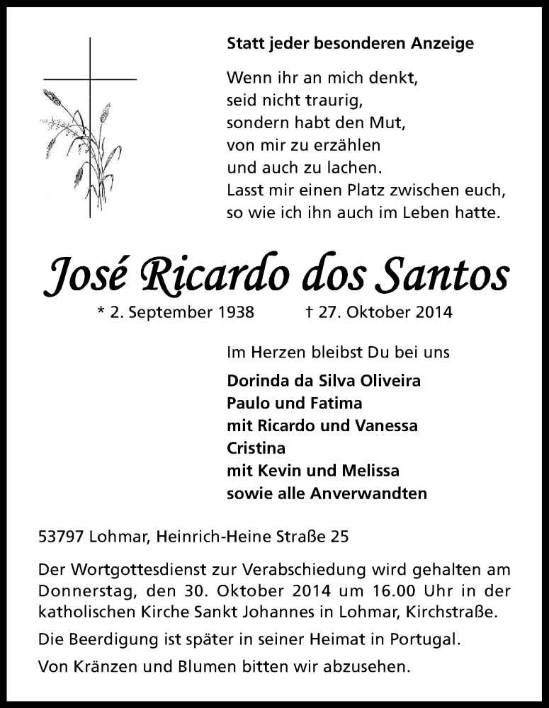  Traueranzeige für José Ricardo dos Santos vom 30.10.2014 aus Kölner Stadt-Anzeiger / Kölnische Rundschau / Express