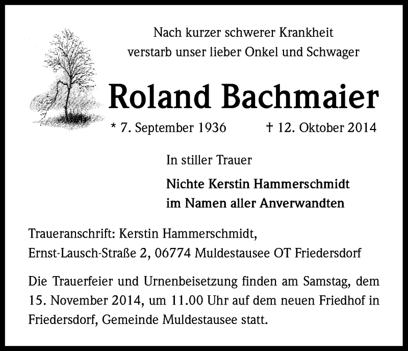  Traueranzeige für Roland Bachmaler vom 30.10.2014 aus Kölner Stadt-Anzeiger / Kölnische Rundschau / Express