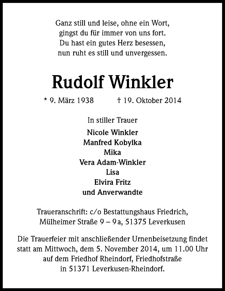  Traueranzeige für Rudolf Winkler vom 01.11.2014 aus Kölner Stadt-Anzeiger / Kölnische Rundschau / Express