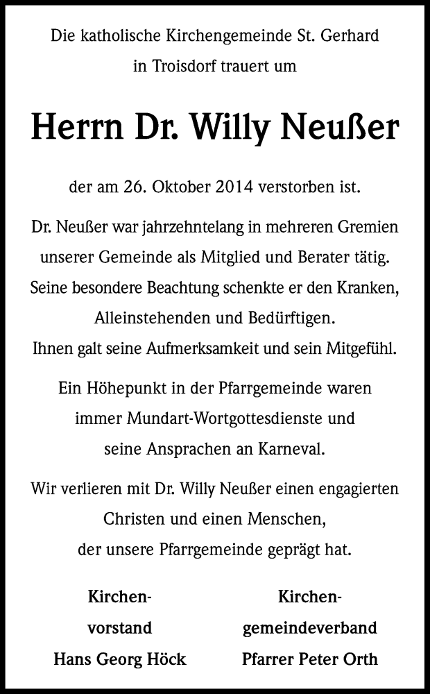  Traueranzeige für Willy Neußer vom 30.10.2014 aus Kölner Stadt-Anzeiger / Kölnische Rundschau / Express
