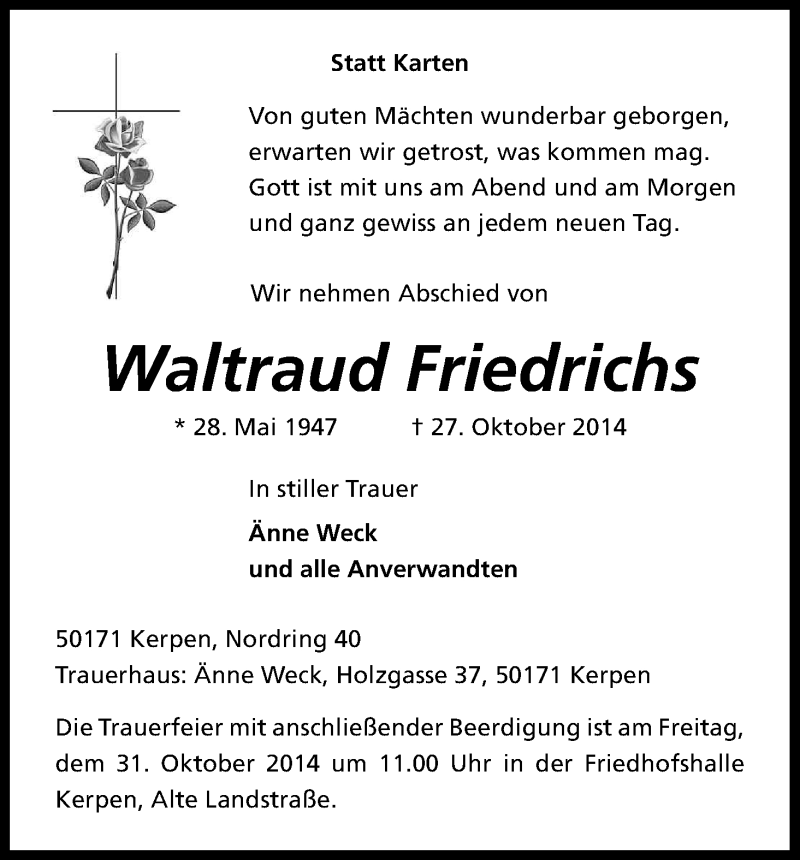  Traueranzeige für Waltraud Friedrichs vom 30.10.2014 aus Kölner Stadt-Anzeiger / Kölnische Rundschau / Express
