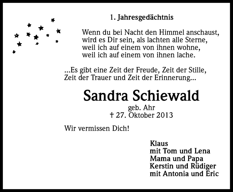  Traueranzeige für Sandra Schiewald vom 01.11.2014 aus Kölner Stadt-Anzeiger / Kölnische Rundschau / Express