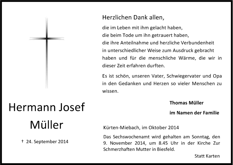  Traueranzeige für Hermann Josef Müller vom 31.10.2014 aus Kölner Stadt-Anzeiger / Kölnische Rundschau / Express