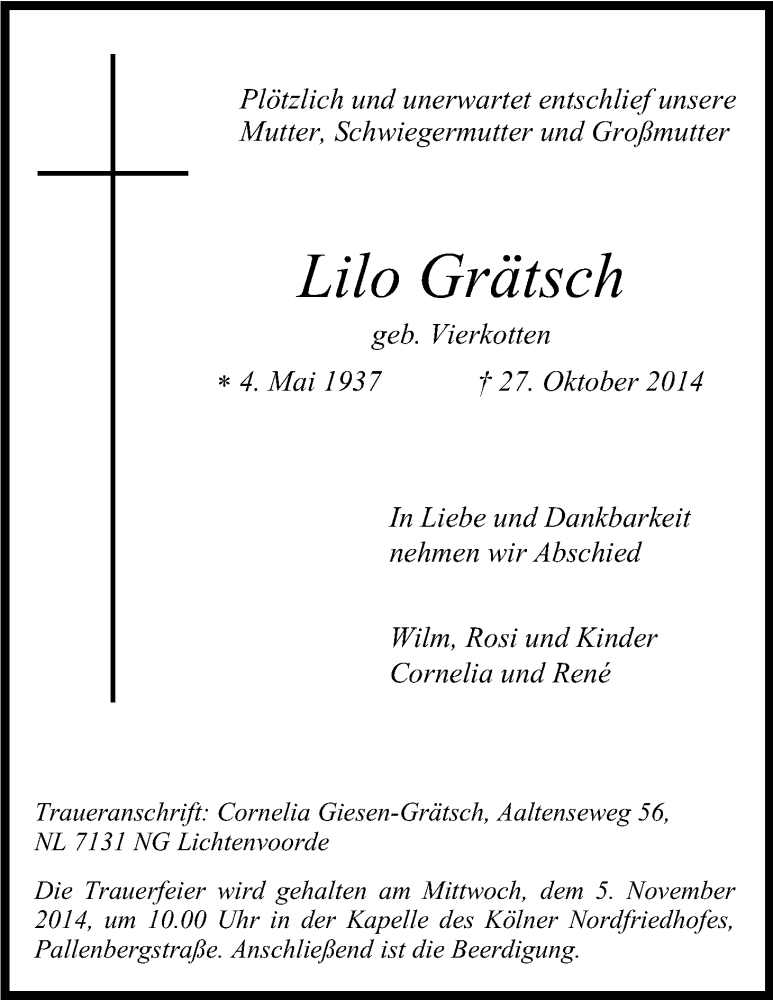  Traueranzeige für Lilo Grätsch vom 01.11.2014 aus Kölner Stadt-Anzeiger / Kölnische Rundschau / Express