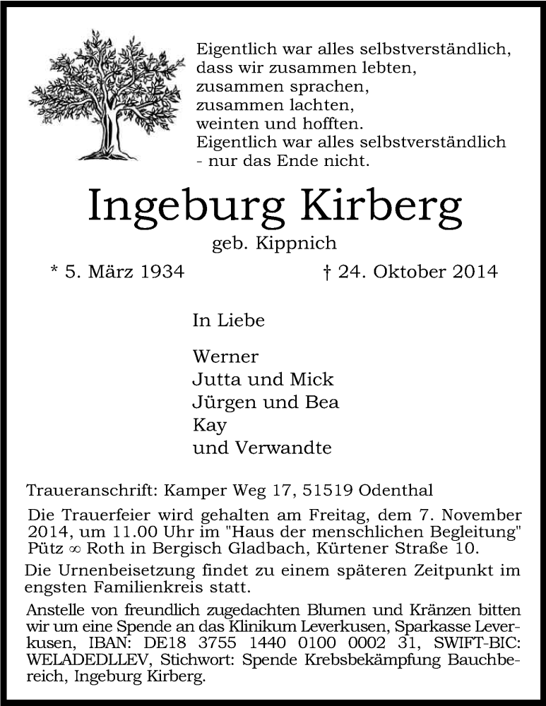  Traueranzeige für Ingeburg Kirberg vom 01.11.2014 aus Kölner Stadt-Anzeiger / Kölnische Rundschau / Express