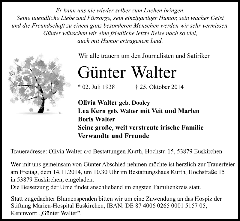  Traueranzeige für Günter Walter vom 01.11.2014 aus Kölner Stadt-Anzeiger / Kölnische Rundschau / Express
