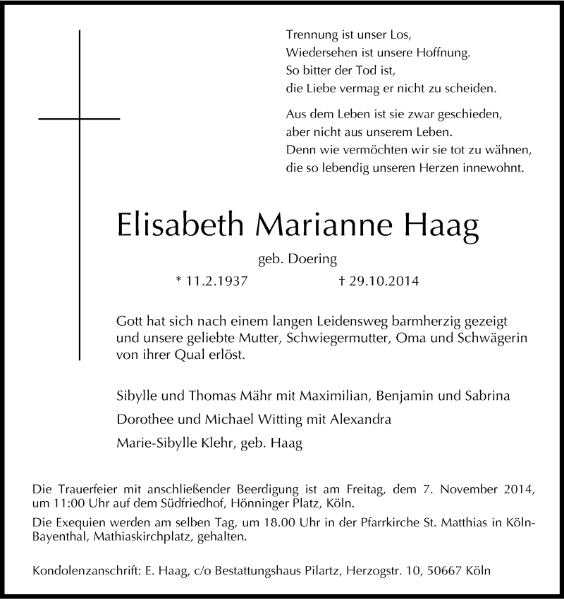  Traueranzeige für Elisabeth Marianne Haag vom 01.11.2014 aus Kölner Stadt-Anzeiger / Kölnische Rundschau / Express