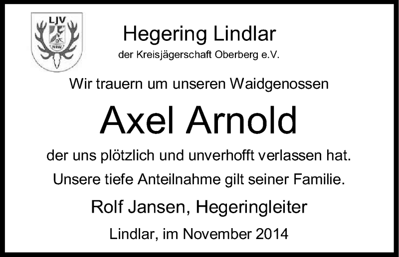  Traueranzeige für Axel Arnold vom 01.11.2014 aus Kölner Stadt-Anzeiger / Kölnische Rundschau / Express