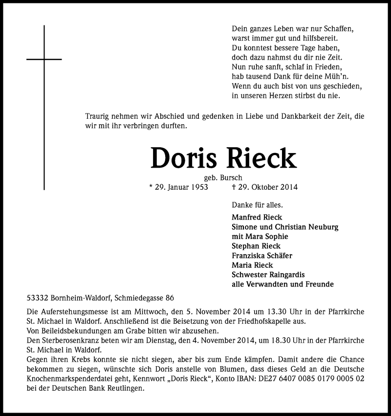  Traueranzeige für Doris Rieck vom 01.11.2014 aus Kölner Stadt-Anzeiger / Kölnische Rundschau / Express