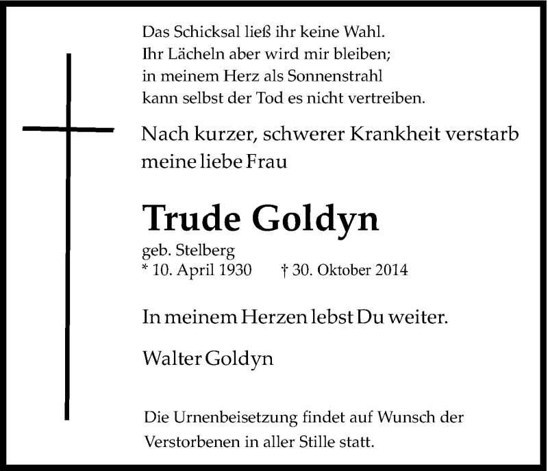  Traueranzeige für Trude Goldyn vom 01.11.2014 aus Kölner Stadt-Anzeiger / Kölnische Rundschau / Express
